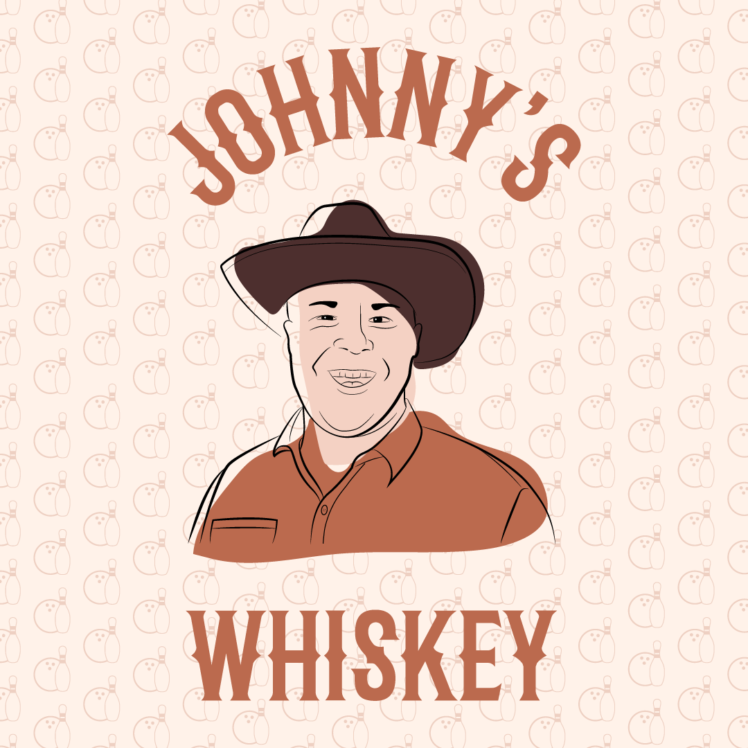 Illustration af en mand med teksen 'Johnnys Whisky round om manden.